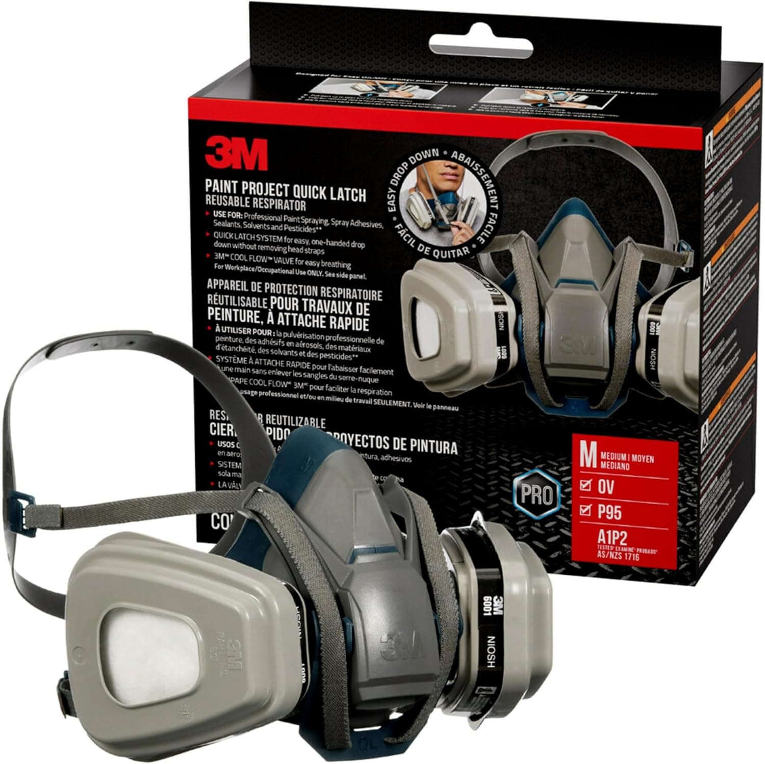3M P95/OV Paint Project Quick Latch Reusable Respirator 6502QL, Medium