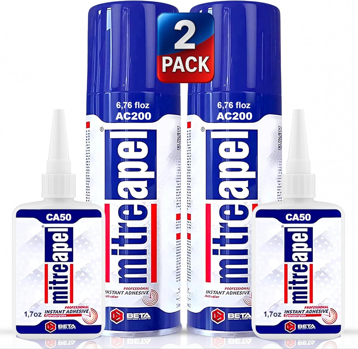 MITREAPEL CA Glue with Activator (2 x 1.7oz - 2 x 6.7floz) Instant Bond Professional Cyanoacrylate Adhesive and Super Glue Accelerator