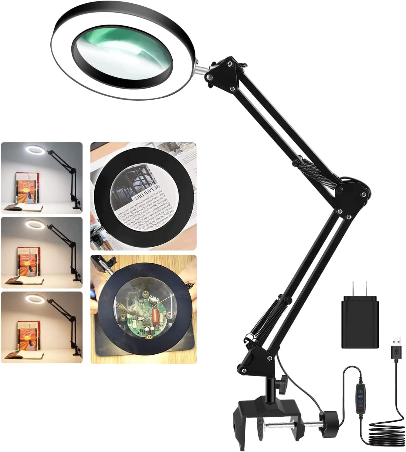 NOEVSBIG LED Magnifying Glass Desk Lamp with Clamp, 3 Color Modes 10 Levels Dimmable