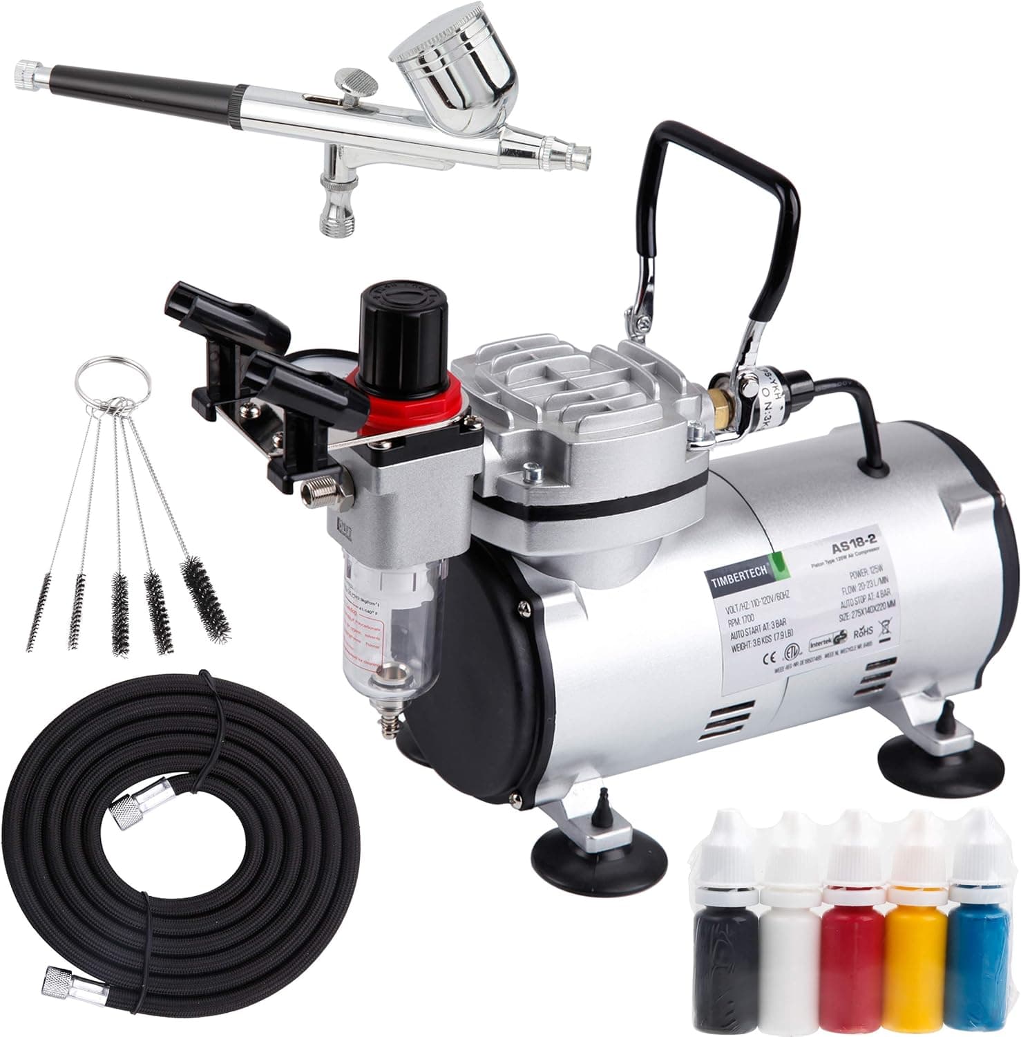 Timbertech Airbrush Kit With Compressor AS18-2K Basic Start Kit With Air Hose, Cleaning Brushes and Test Paints