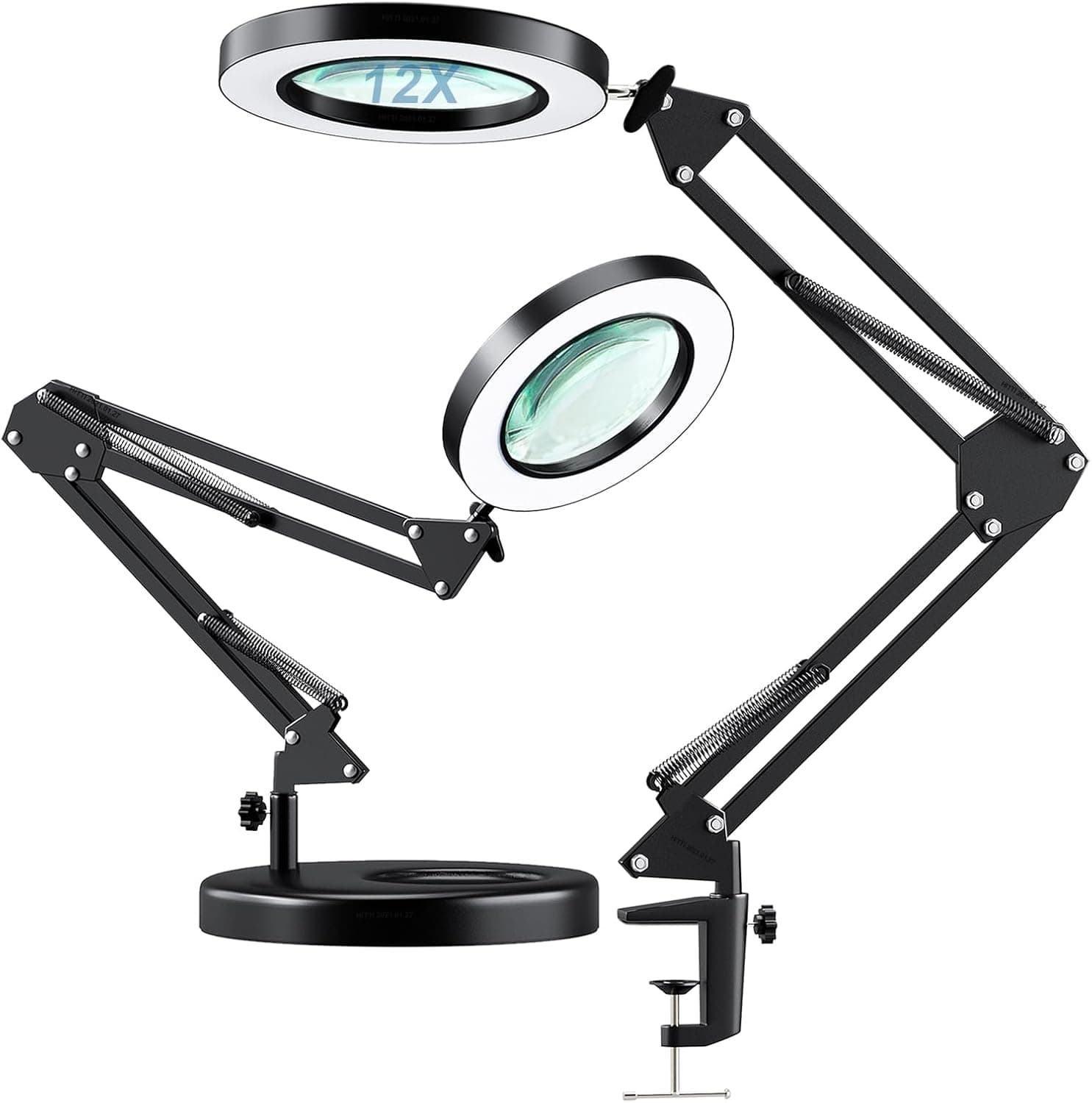 HITTI 12X Magnifying Glass with Light Hands Free, Stepless Dimming Desk Lamp & Clamp
