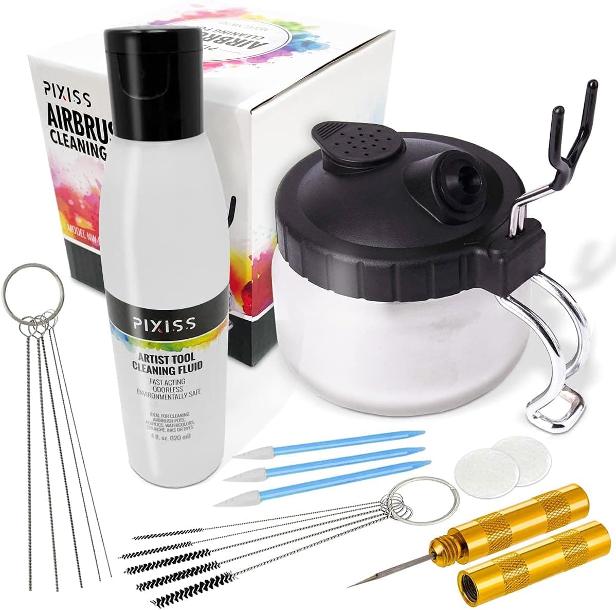 Pixiss Airbrush Cleaner Kit With Brush Cleaner Solution - Holder and Pot with Glass Cleaning Jar