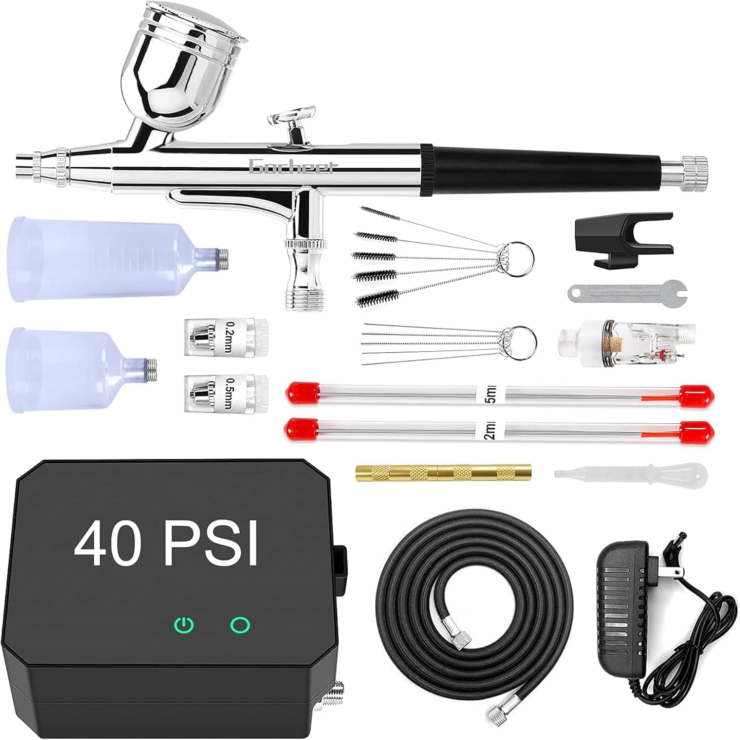 Gocheer Airbrush Kit with Air Compressor, 40/48 PSI High Pressure with 0.2/0.3/0.5mm Nozzle and Cleaning Sets