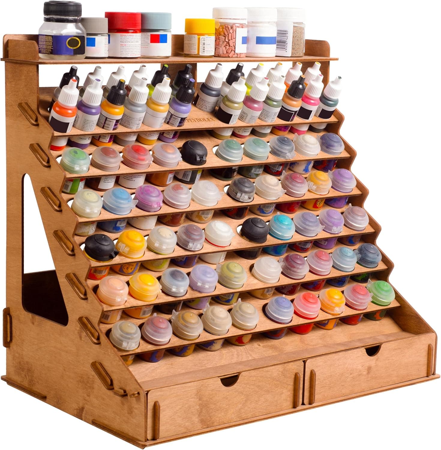 Plydolex Wooden Paint Organizer - 74 Holes Suitable for Vallejo, Citadel, Tamiya Paint Bottles - 14 Brushes Holes, 6 Minis Stands and 2 Drawers