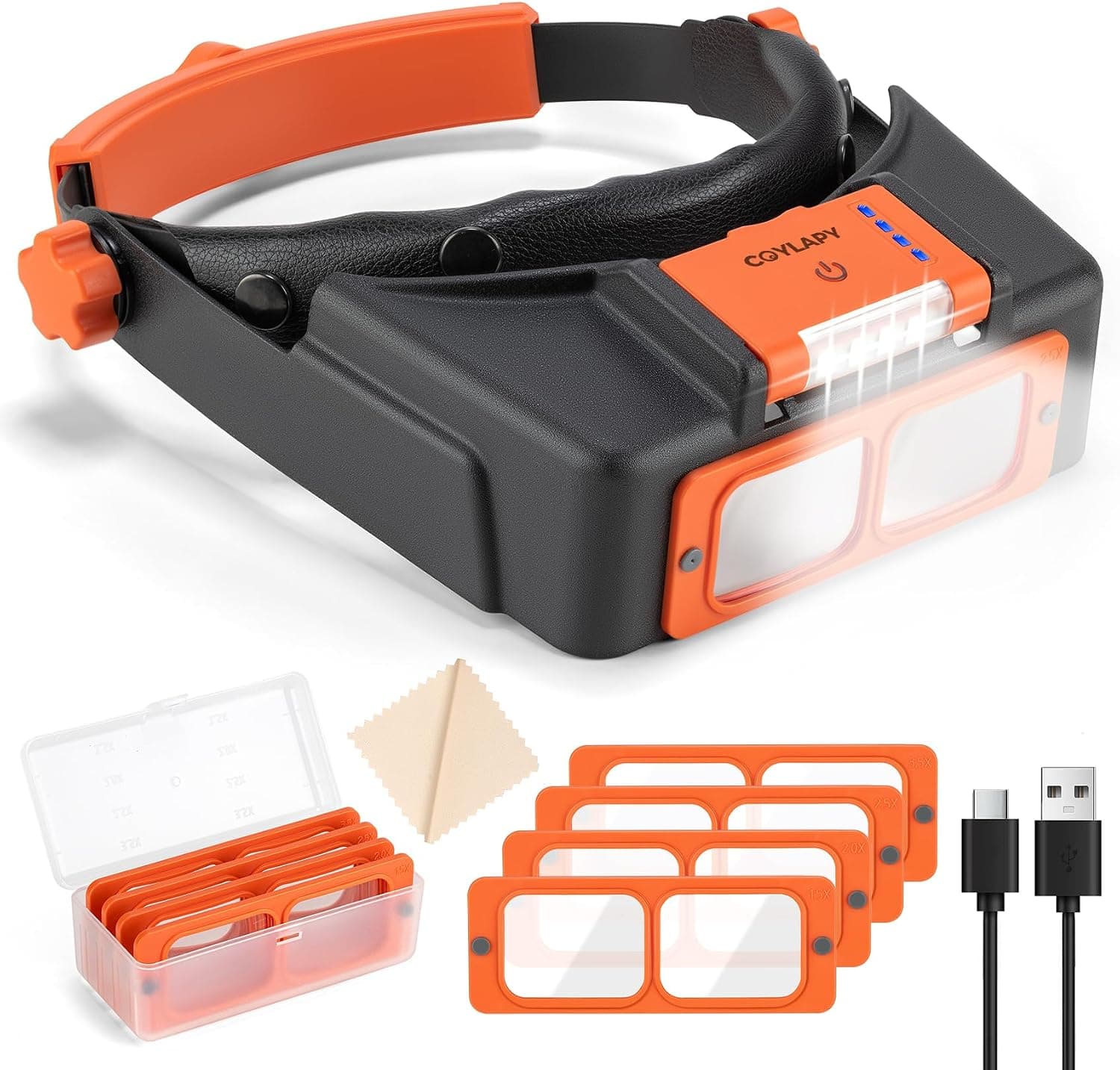 Headband Magnifier with Light, Rechargeable Magnifying Glasses for Close Work, 1.5X - 3.5X Magnify Headset with 4 Lenses, Jewelers Magnifying Glass Loupe Visor for Repair, Crafts, Hobby