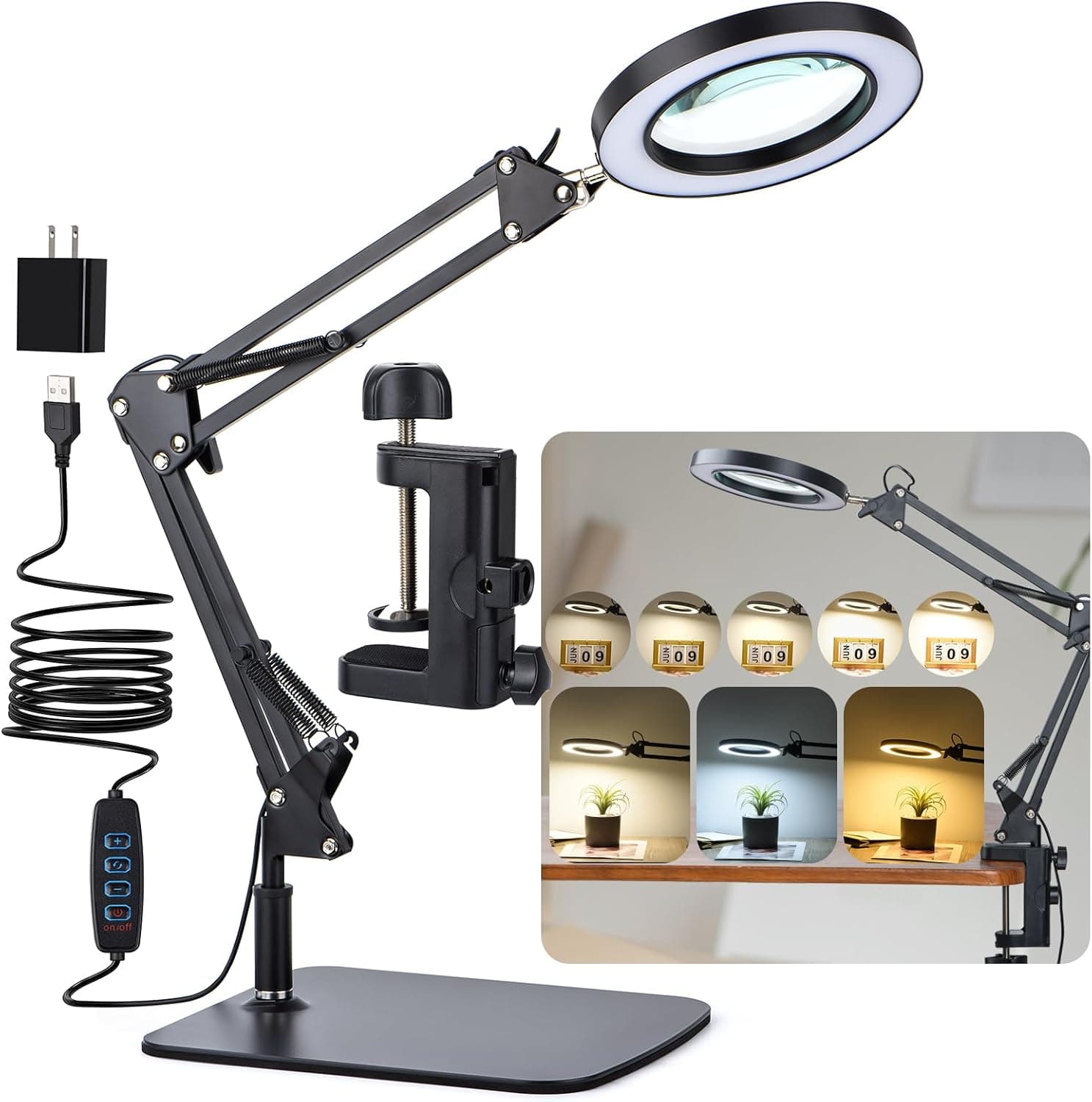 LED Magnifier Desk Lamp with Stand and Clamp, 3 Color Modes & Stepless Dimming 5-Diopter Glass Lens