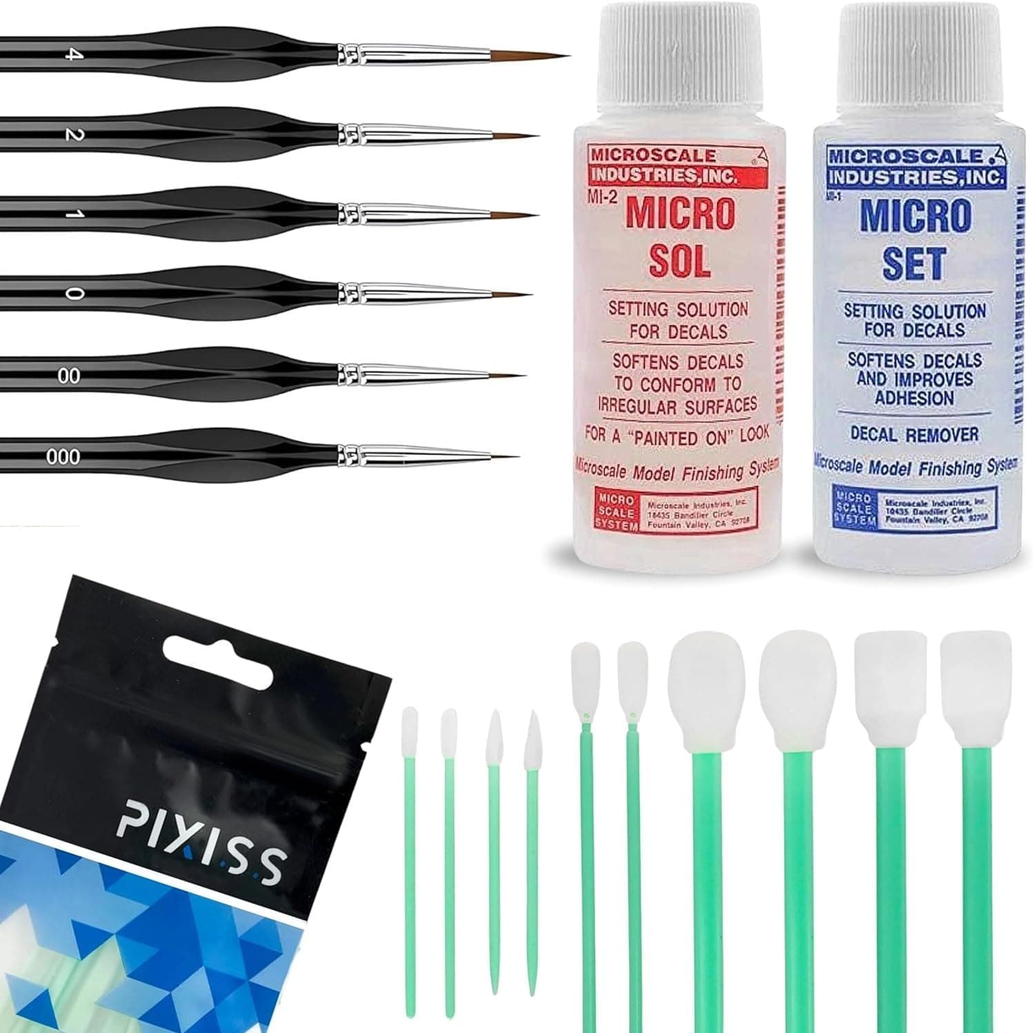 Micro Sol and Micro Set Decal Setting Solution Bundle with Pixiss Black Brushes and Blending Swabs