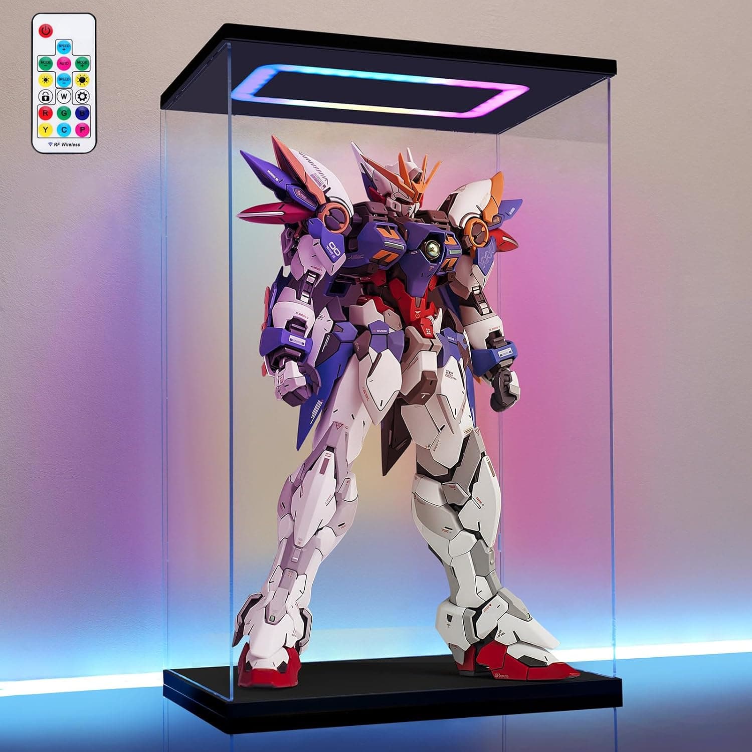 AZEYN Clear Acrylic Display Case with Light for Gundam Display, Multiple Color Lights Dustproof Protection Display Box for Collectibles Action Figures (14x10x21 inch)