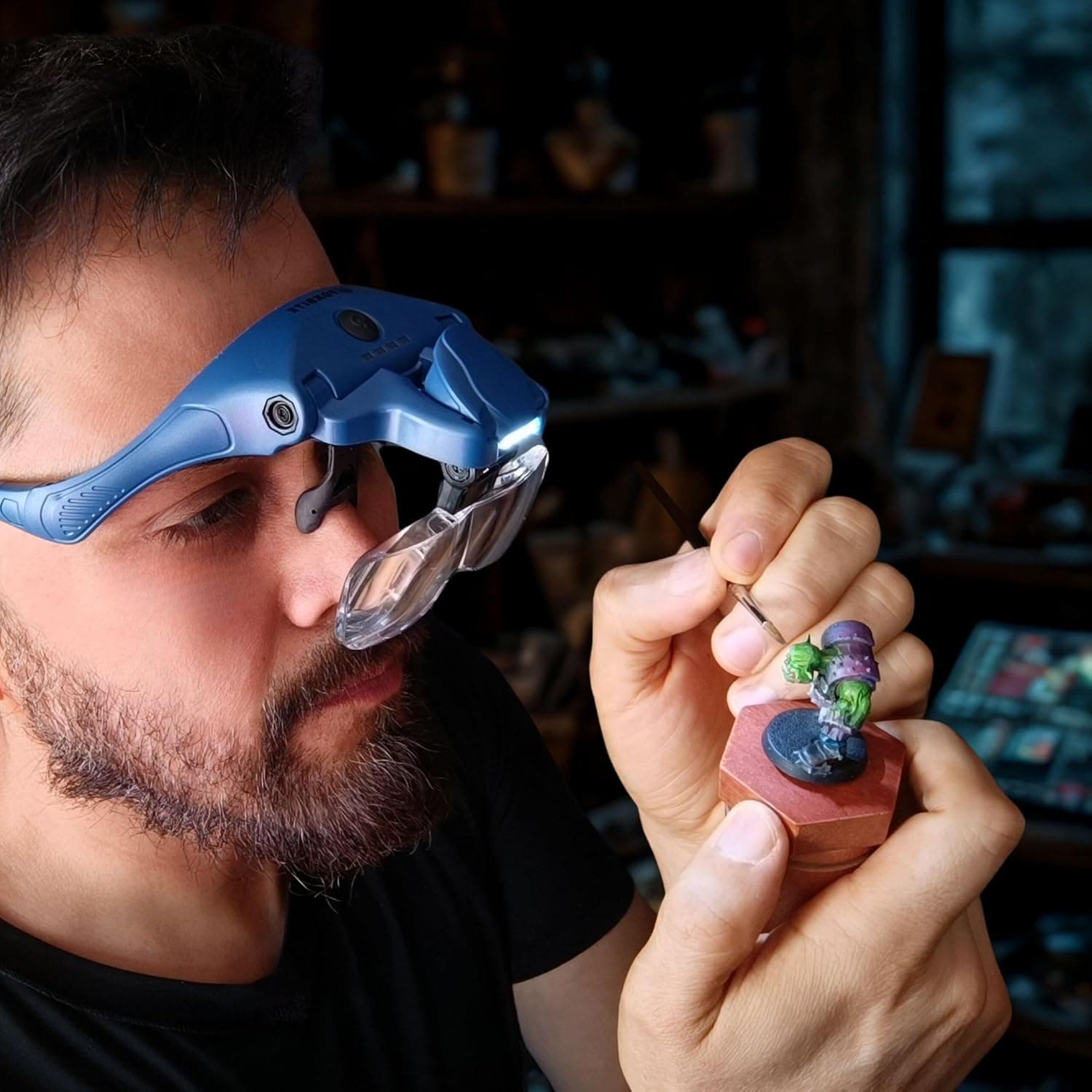 FOXBITE LED Magnifier Glasses for Miniature Painting - 5 Lenses, Dual-Brightness Light, Rechargeable Headset with Glasses or Headband Option - Hobby Tool for Warhammer, D&D, Model Kits