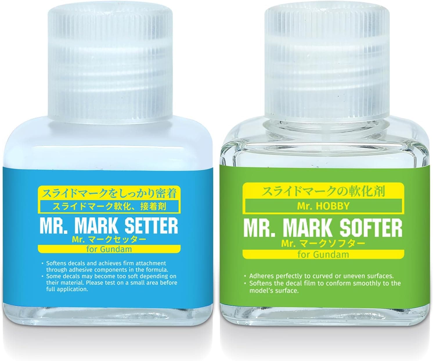 Mr. Mark Setter & Softer Bundle for Gundam Models, Decal Adhesive & Softening Solution Set, 2 Bottles - 40ml + 40ml