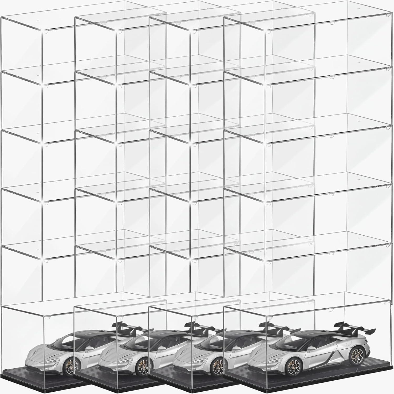Wesiti 24 Pcs Acrylic Model Cars Display Case 1:24 Scale Diecast Car Display Boxes with Black Base for Showcase Collectible Vehicle Toy