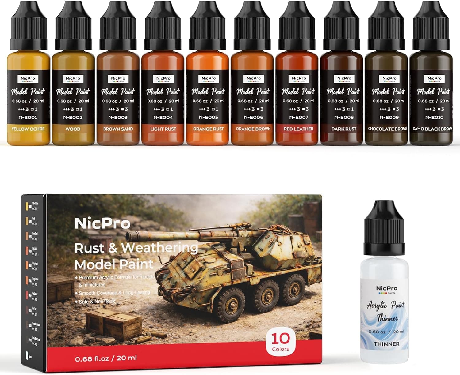 Nicpro 10 Colors Rust & Weathering Model Paint Set, 20ml Modeling Acrylic Paints with Thinner