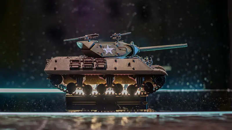 Close-up of a detailed miniature model tank with realistic lighting
